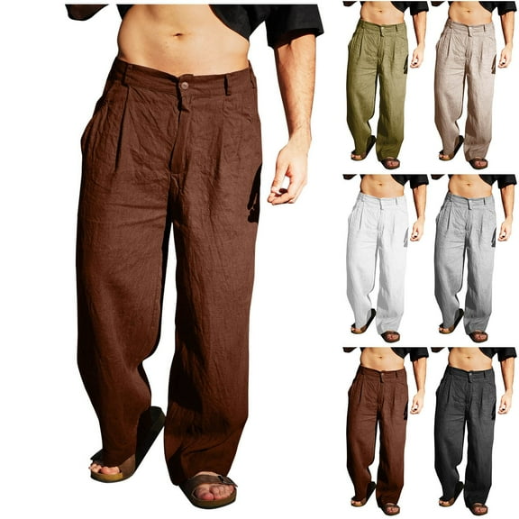 Lovskoo Men's Cotton Linen Pants Solid Color Loose Casual Button Zipper Full Length Pants Black