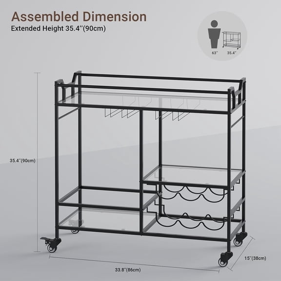 Black Bar Cart, Home Bar Serving Cart with Handle, Wine Cart with 3-Tier Glass Shelves, Beverage Cart with Wine Rack and Glass Holder, Bar Carts for The Home, Dining Room