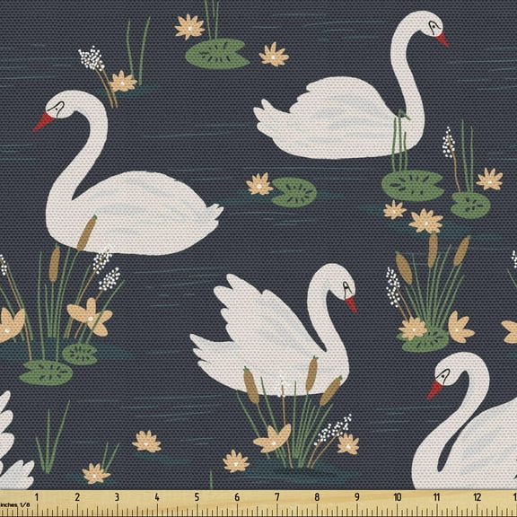Ambesonne Swan Fabric by the Yard Upholstery, Lilies Cattails Waterfowls, 5 Yards, Multicolor