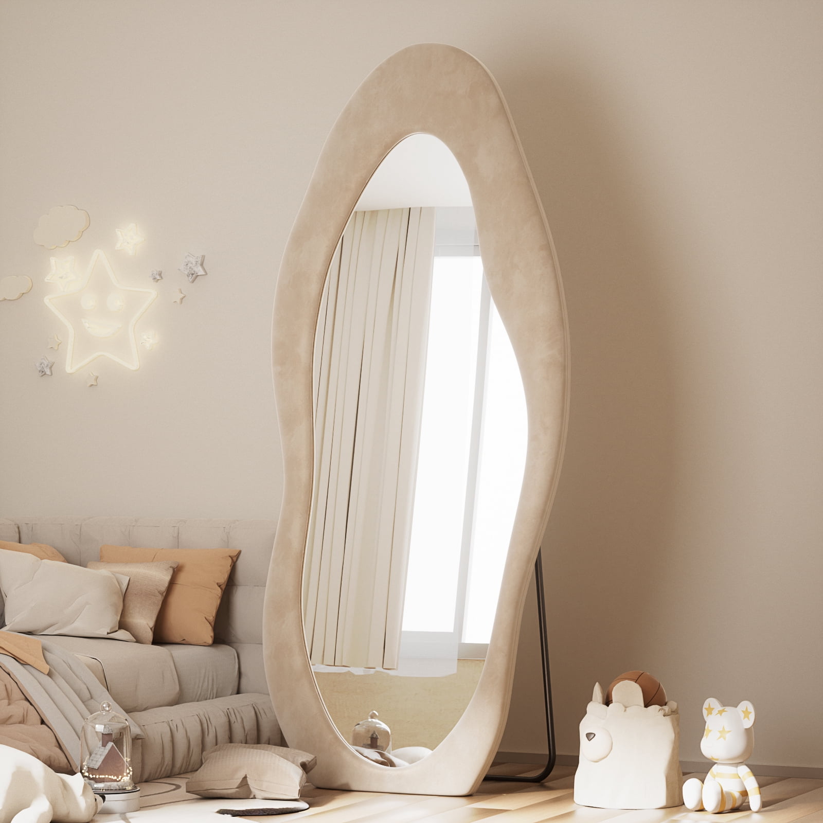 Anyrose 71"x30" Full Length Mirror Irregular Cloud Floor Mirror With Flannel Frame, White