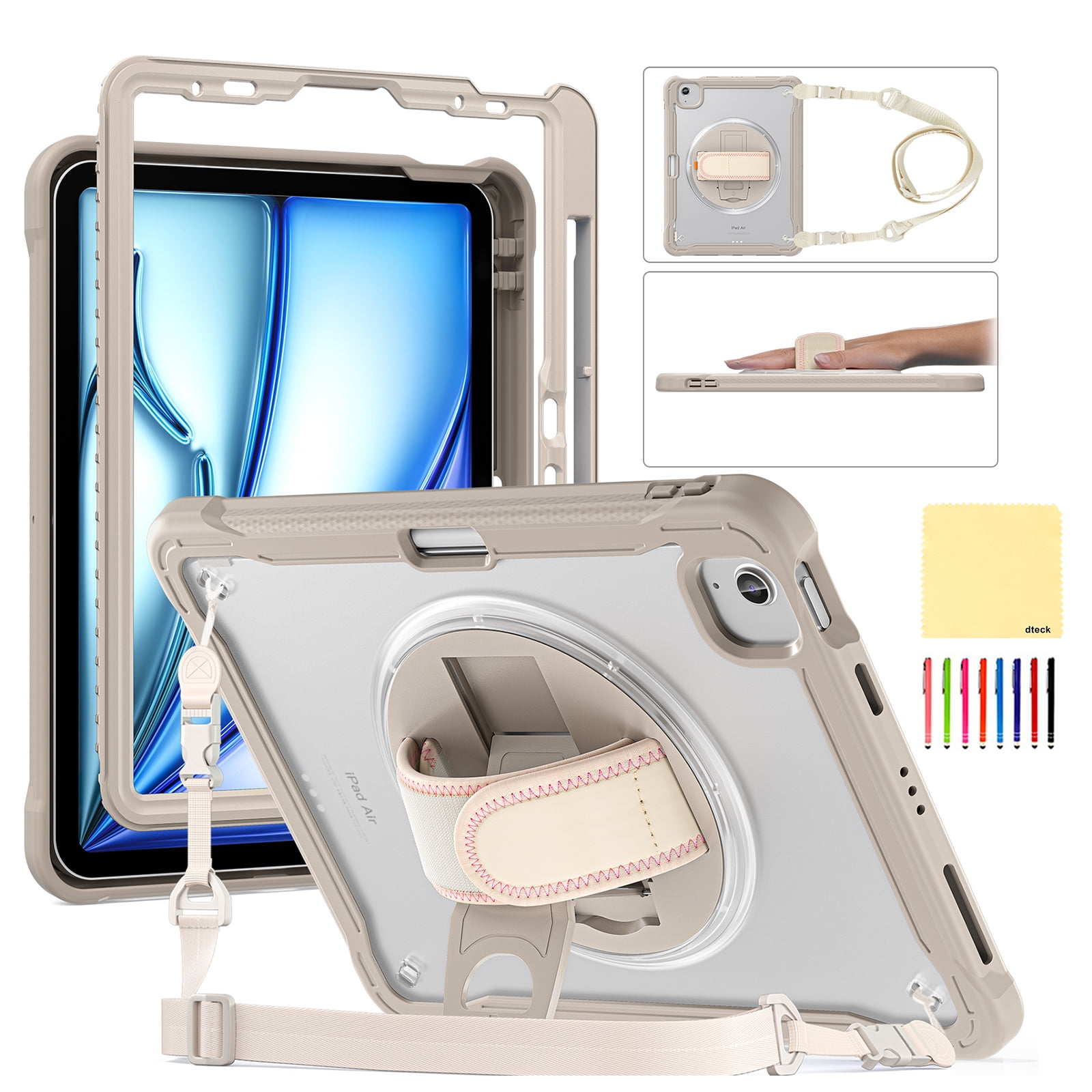 Dteck Case for iPad Air 11 inch M3/M2(2025/2024) and Air 5th/4th Generation 10.9‘. & Pro 11inch 4th/3rd/2nd/1st(22/21/20/18) Cover with Pencil Holder, Shockproof Swiveling Stand Case, Khaki