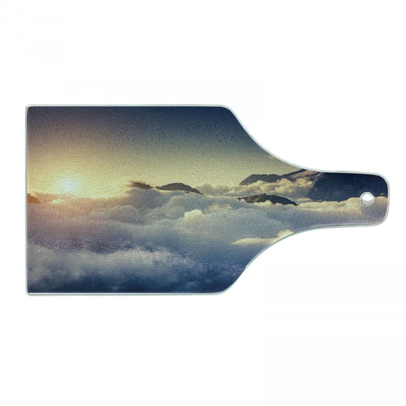 Landscape Cutting Board, Mountain View Climbing Above the Clouds Hobby Scenic Outdoors Twilight Hiking, Tempered Glass Cutting and Serving Board, Wine Bottle Shape, Beige Navy, by Ambesonne