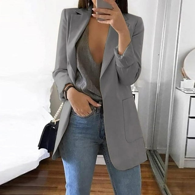 EGNMCR Womens Casual Loose Blazers Solid Color Long Sleeve Cardigans with Pockets Work Office Jacket Blazer