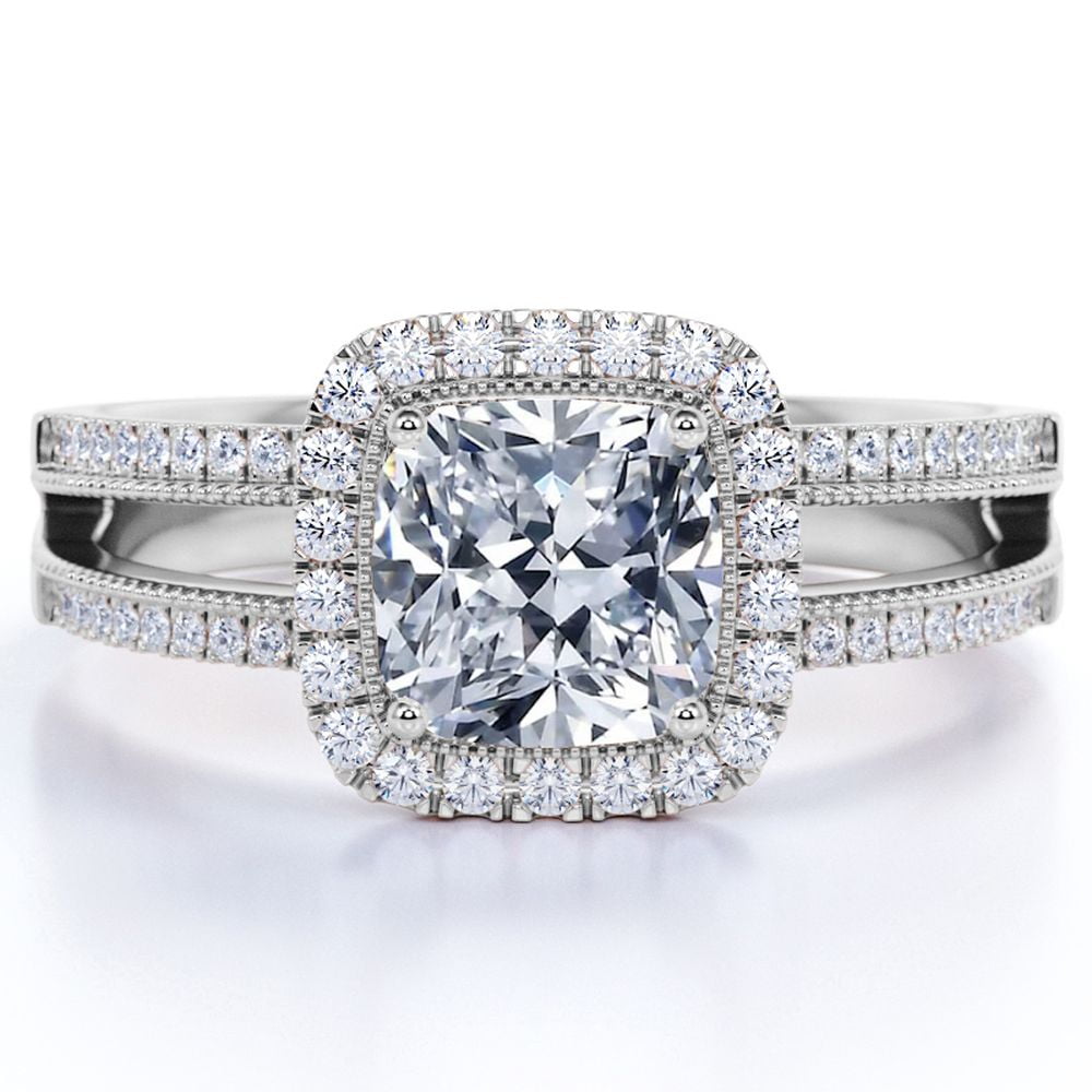 JeenMata Cushion Cut Lab Grown Diamond - Vintage Style - Engagement Ring - Split Shank - Halo Ring - 10K White Gold