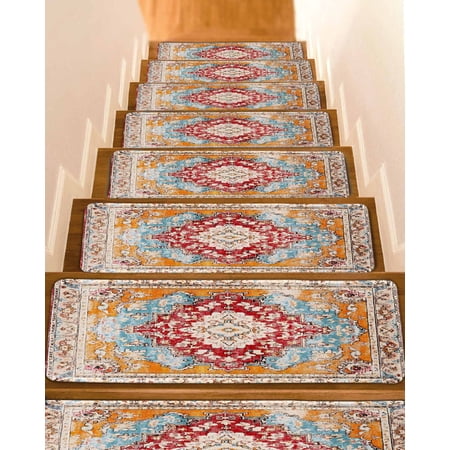 Vintage Ethnic Stair Treads for Wooden Steps Indoor Runner Rug Carpet Boho Tribes Modern Orange Middle Century 4 Pieces Peel and Stick Staircase Step Treads Covers Washable Throw Door Mats 30 x8