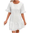 thumbnail image 2 of Meichang White Eyelet Dresses for Women Crew Neck Short Sleeve Ruffle Dresses Solid Color Loose Fit Mini Dresses Casual Flowy Beach Dresses for Women 2024 Vacation White S, 2 of 9