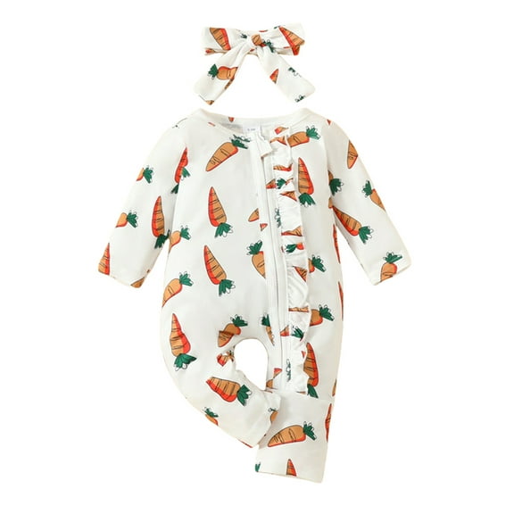 Bagilaanoe Newborn Baby Girl Easter Jumpsuit Carrot Print Long Sleeve Bodysuit Headband 3M 6M 9M 12M 18M Infant Spring One Piece Romper