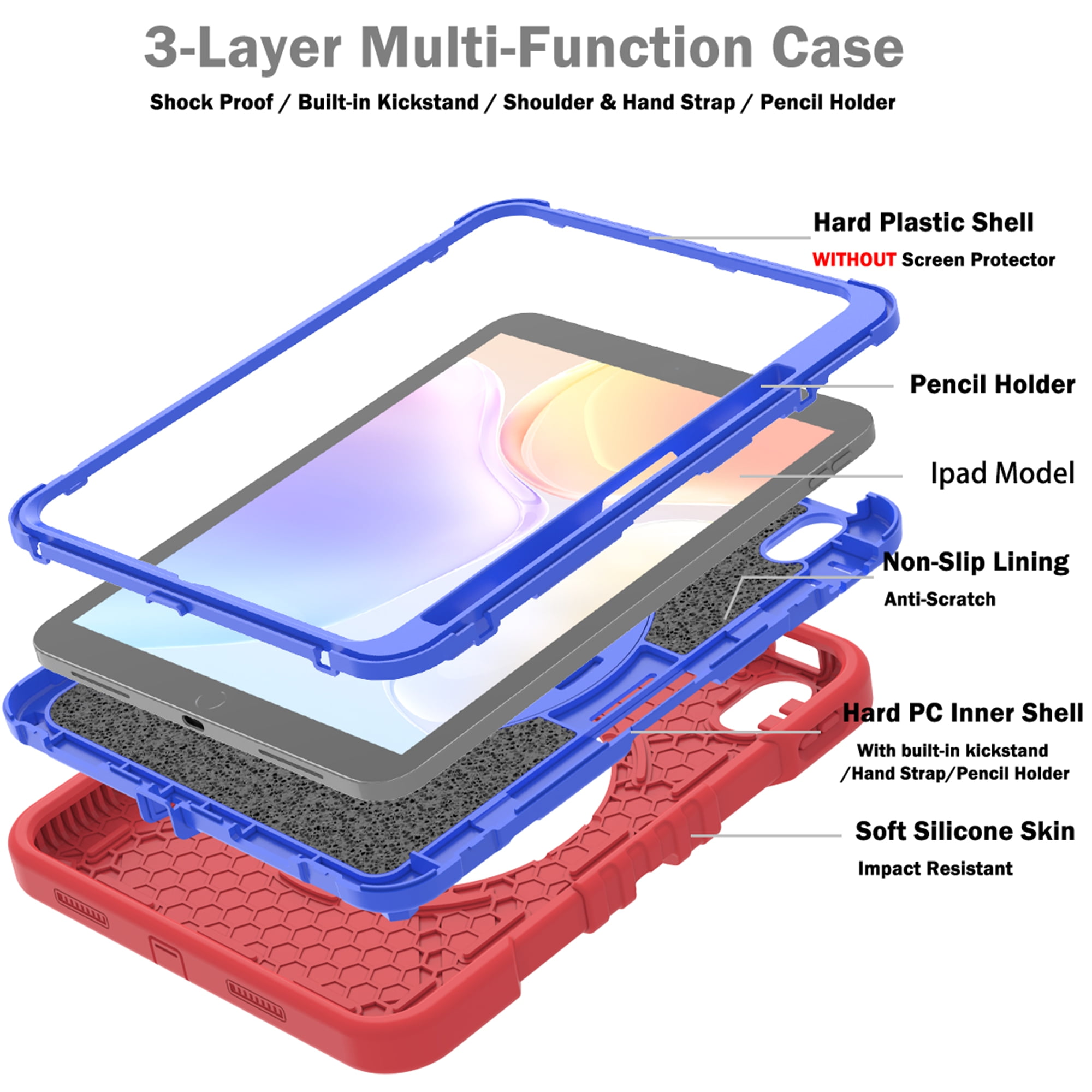 Dteck Kids Case for iPad 10th Generation Case 2022, Military Grade Shockproof Rugged Cover for iPad 10th Gen 10.9 Inch with 360° Swivel Stand - Handle - Shoulder Strap - Pencil Holder,Red Blue