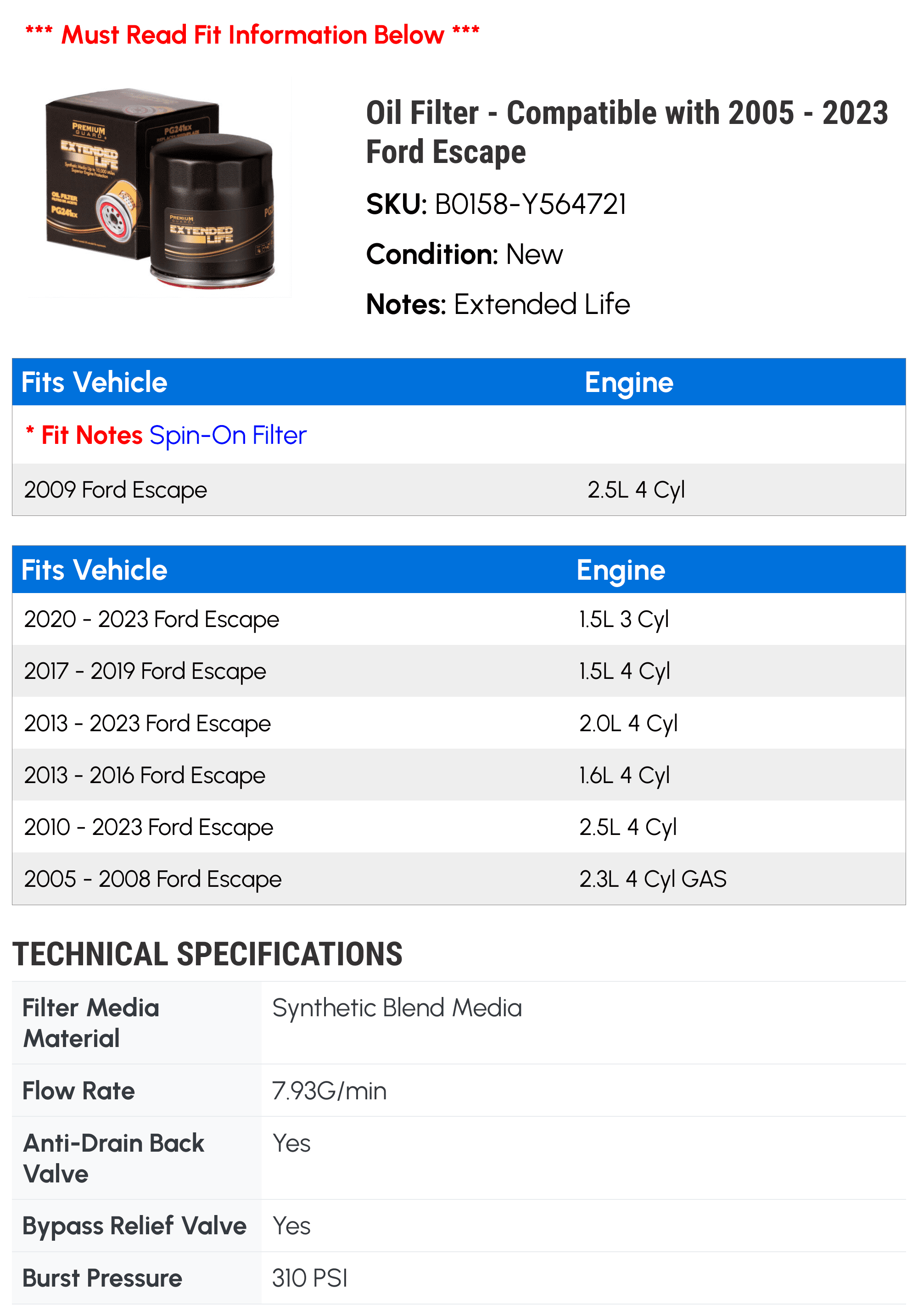 Oil Filter - Compatible with 2005 - 2023 Ford Escape 2006 2007 2008 2009 2010 2011 2012 2013 2014 2015 2016 2017 2018 2019 2020 2021 2022
