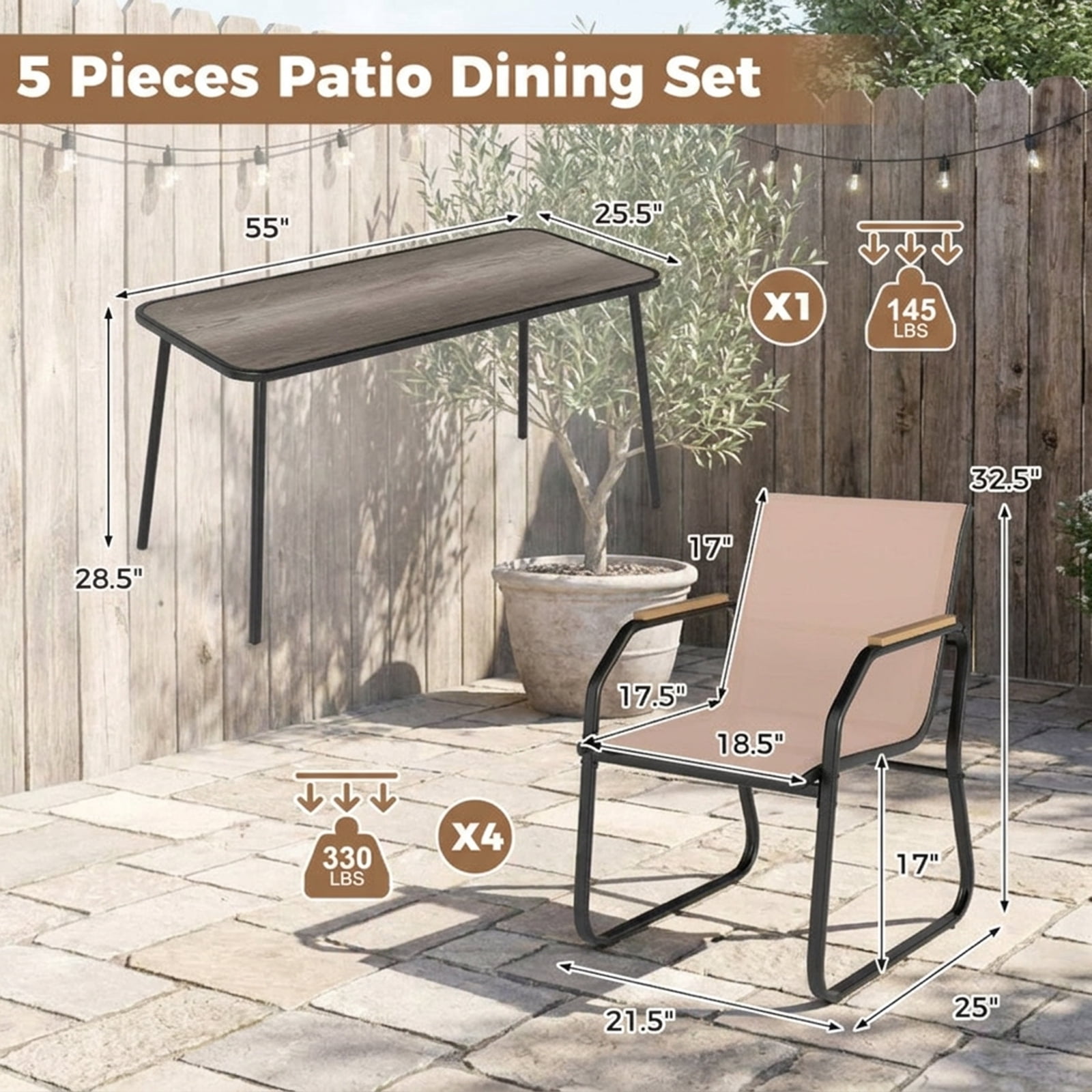Furnibear 5 Pieces Patio Dining Set with 55 Inch Rectangular DPC Wood Grain Table 4 Breathable Fabric Sling Chairs and Reinforced Metal Frame for Backyard Garden Deck, Brown