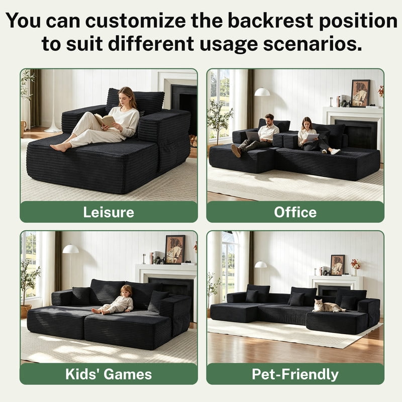 Single-Seater Upholstered Lazy Sofa, Floor Lounge Chair with Back Cushion & Throw Pillow, Oversized Chaise Lounge with Pockets