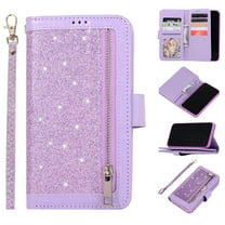Zipper Wallet Case for Apple iPhone 11 6.1", Allytech Bling Glitter Leather Case with 9 Credit Card Holder Flip Magnetic Closure Stand Cover with Cash Pocket and Hand Strap, Purple