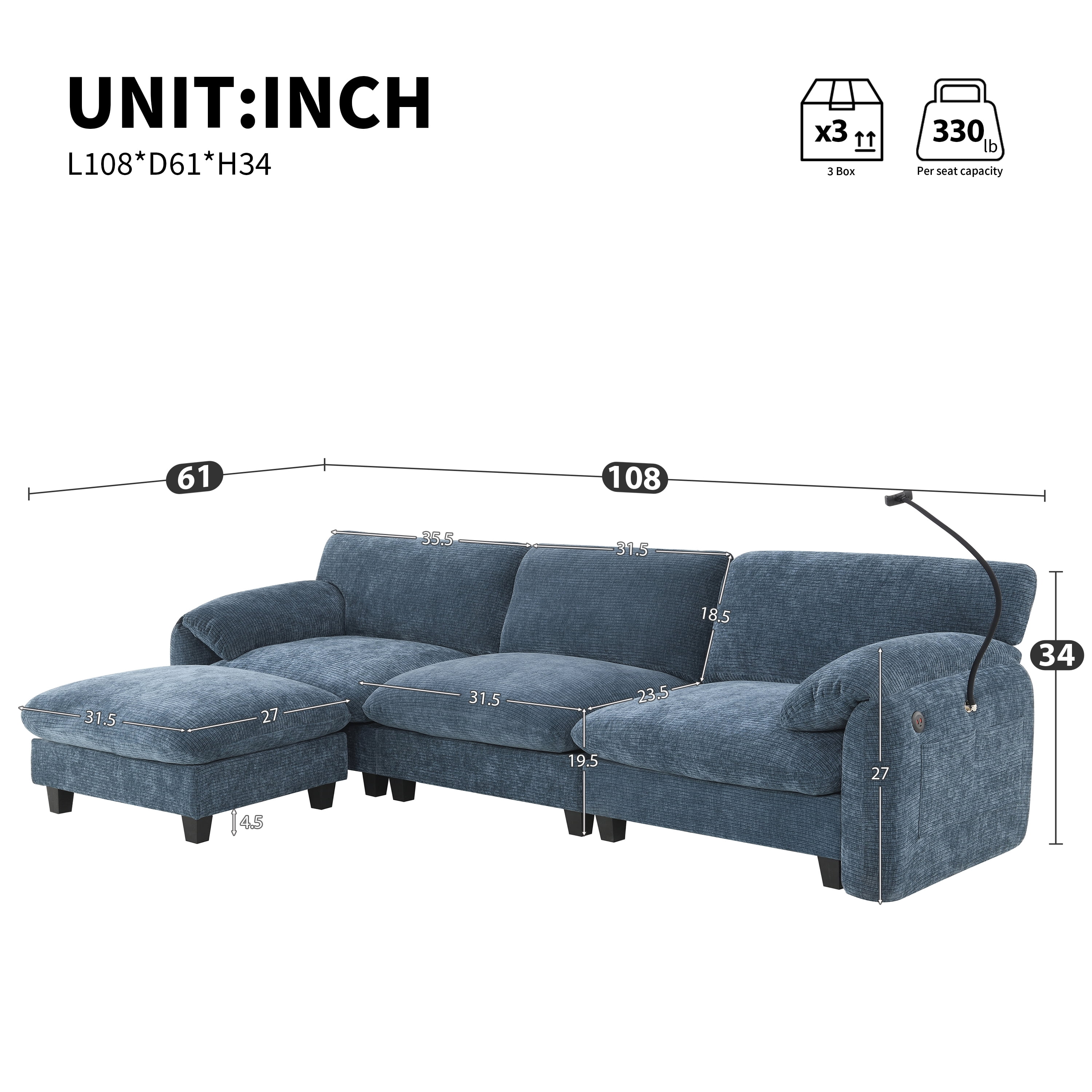 MAYEERTY 108" L-Shaped Modular Sectional Sofa with Wide Seat, USB/Type-C Charger & Ottoman, Striped Chenille