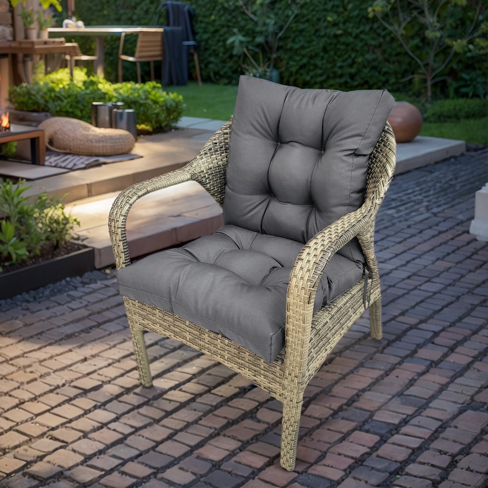 SHANNA Outdoor Chair Cushions, 4 Pack Tufted Thicken Waterproof Patio Chair Pad Wicker Chair Seat Cushion with Non-Slip Ties for Outdoor Furniture, Dark Gray