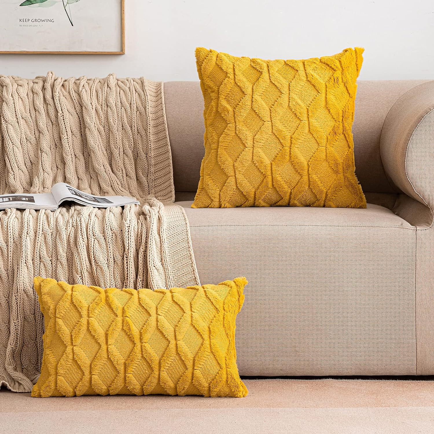 Set of two offers yellow and white accent pillows, size 16x16 inches, with removable covers.