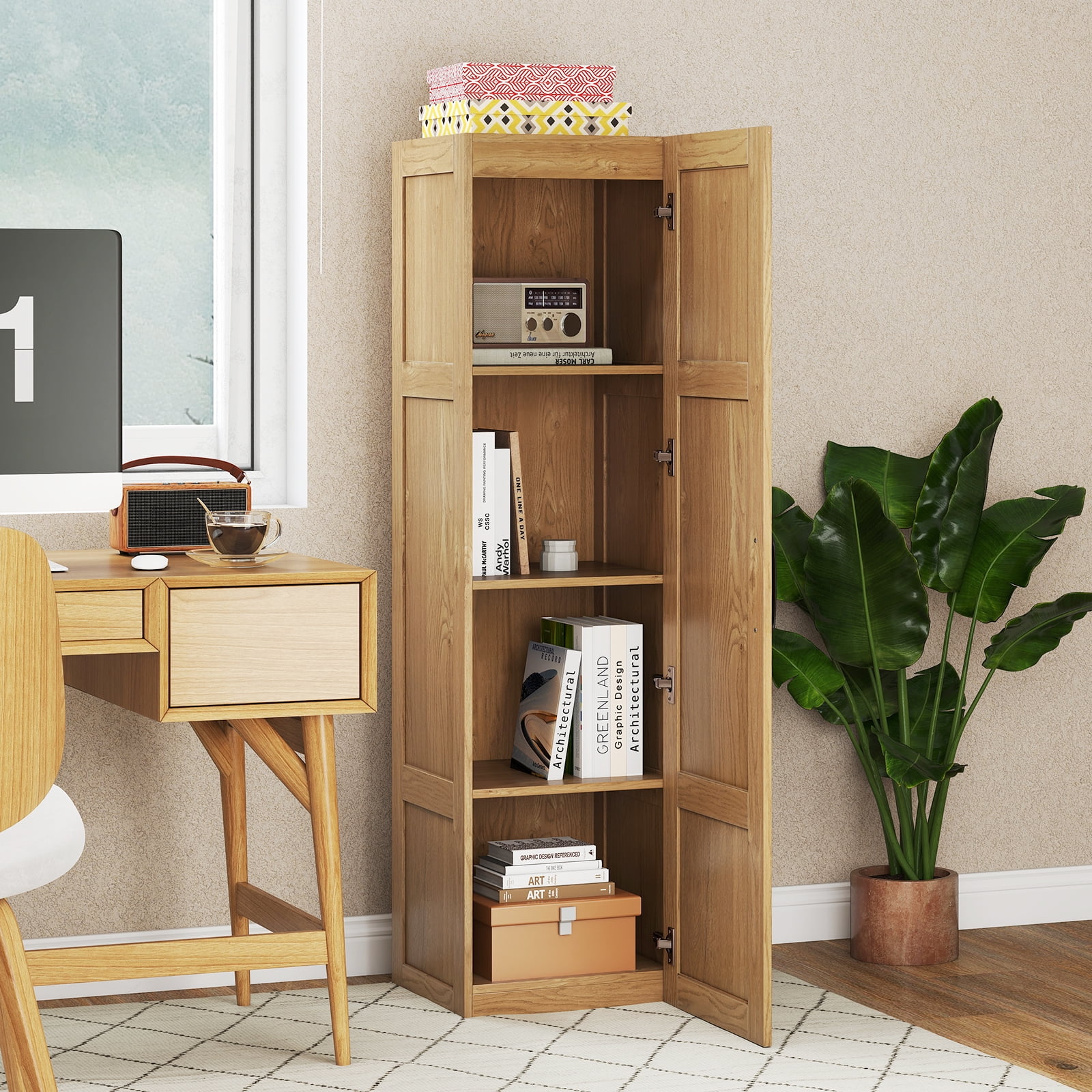 Gymax Tall Storage Cabinet Narrow Farmhouse Freestanding Floor Cabinet w/ 4 Shelves Natural