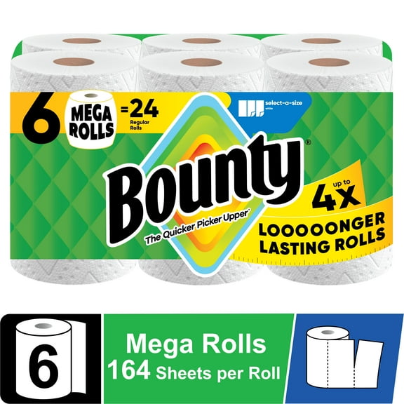 Bounty Paper Towels Select-A-Size White, 6 Mega Rolls, 164 Sheets Per Roll