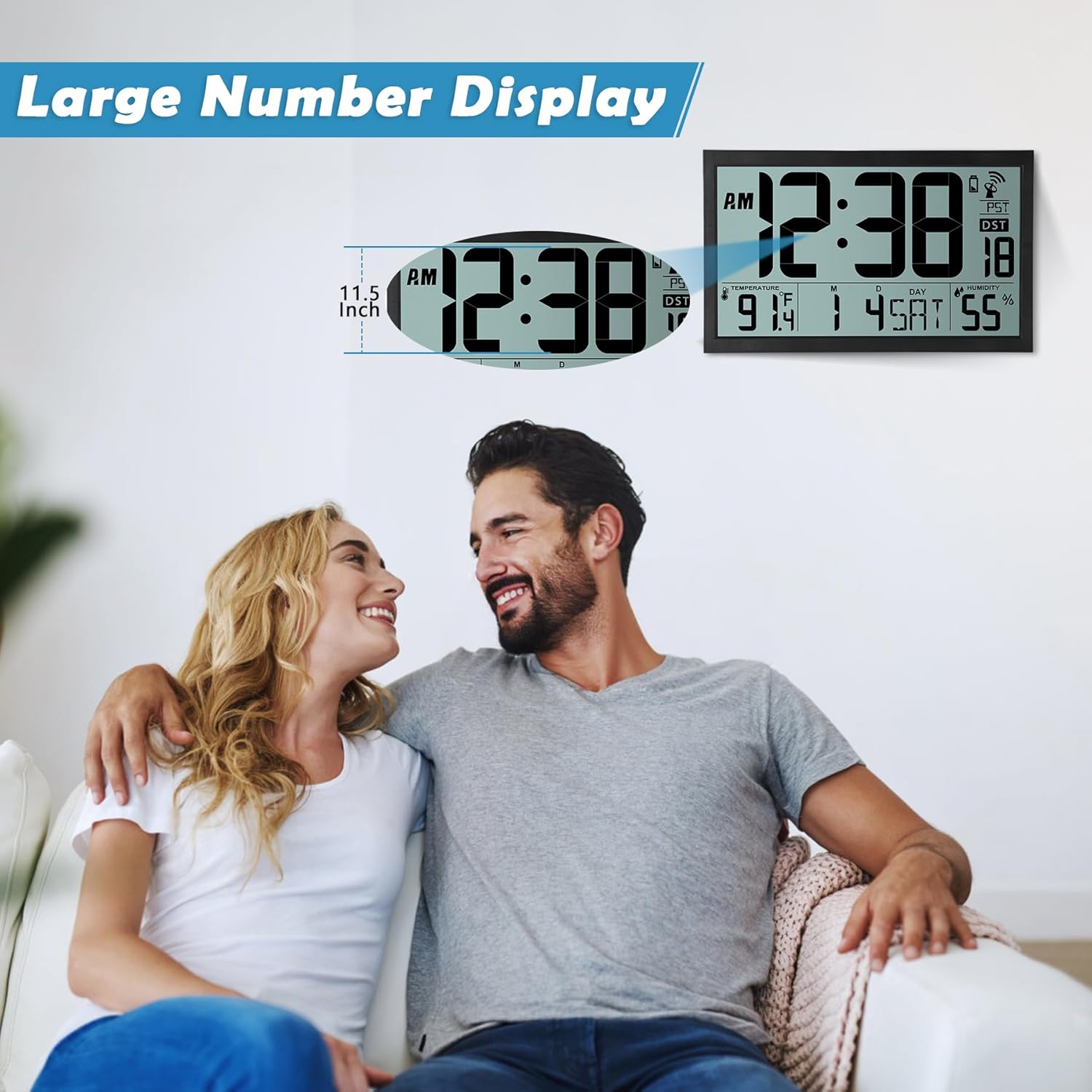 16.7 Inch Large Digital Atomic Wall Clock with Calendar Temperature Humidity Indoor Display Battery Operated Auto Setting for Bedroom Office Classroom