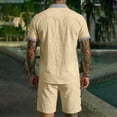 thumbnail image 4 of Men's 2 Piece Beach Outfit, Button Down Short Sleeve Shirt With Striped Trim And Drawstring Shorts Set, Lightweight Linen Style Casual Summer Vacation Suit,Khaki,L, 4 of 4