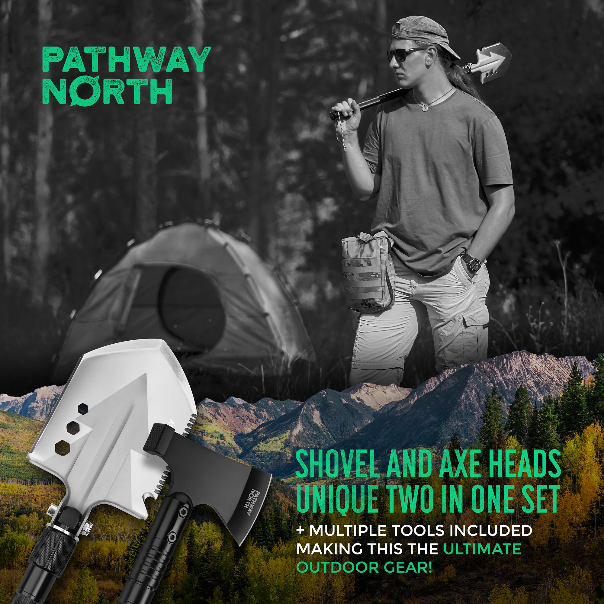 Pathway North Survival Shovel and Camping Axe – Stainless Steel Tactical, Survival Multi-Tool and Survival Hatchet Equipment for Outdoor Hiking Camping Gear, Hunting, Backpacking Emergency Kit - image 4 of 8
