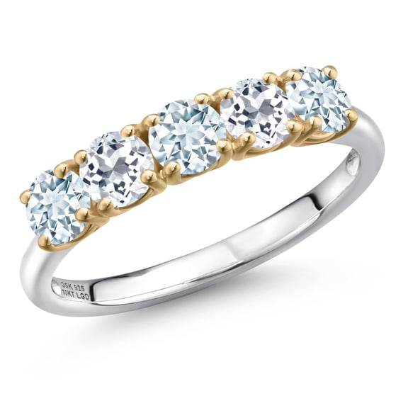 Gem Stone King 925 Silver and 10K Yellow Gold Sky Blue Aquamarine and White Topaz Wedding-Bands Ring for Women | 1.41 Cttw | Round 4MM | Gemstone March Birthstone | Size 5