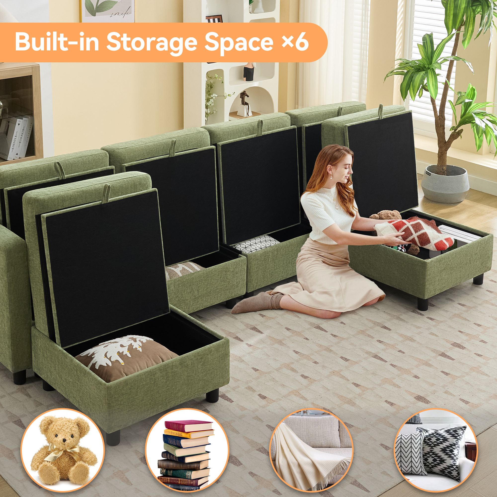 Middle Seat Module for Modular Sectional Couch Sofa, Living Room Accent Armless Sofa Chair with Storage & Pillow, Modern Side Sectional Middle Unit, Chenille Green