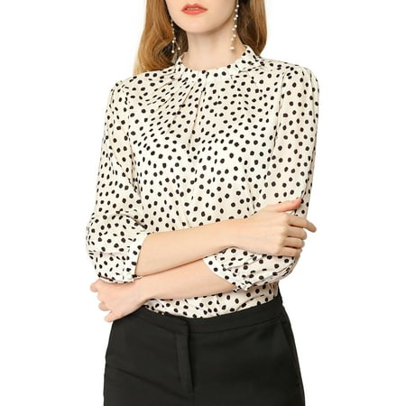 Women's Dot Print Pleated Neck 3/4 Sleeve Office Blouse Top L Beige