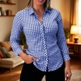 thumbnail image 5 of hoksml Women's Slim Fit Plaid Button Down Shirt, Gingham Print Long Sleeve Collared Blouse, Flattering Tapered Top for Office and Daily Wear, 5 of 6