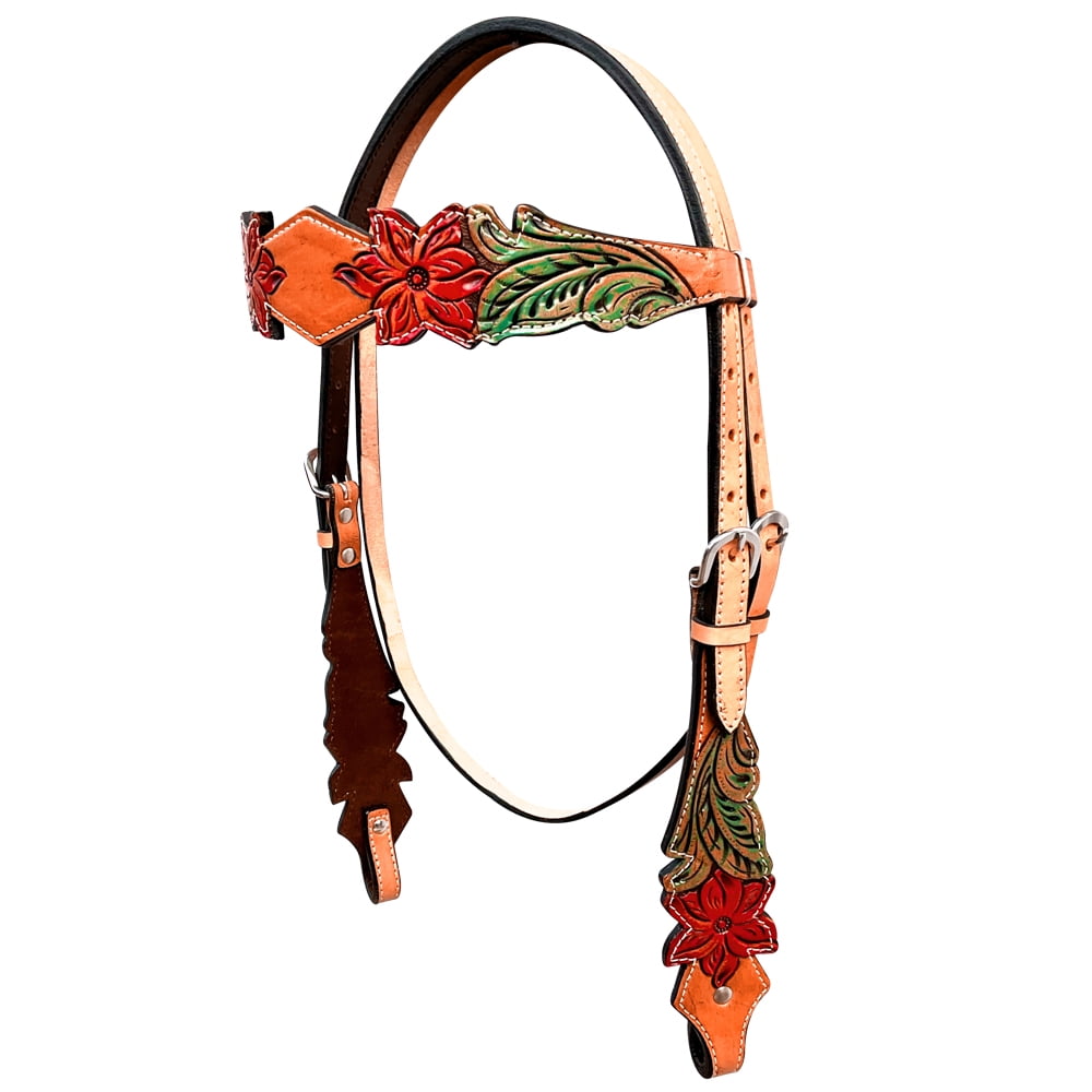 Bar H Equine Horse Genuine Leather Floral Design Hand Painted Headstall Brown