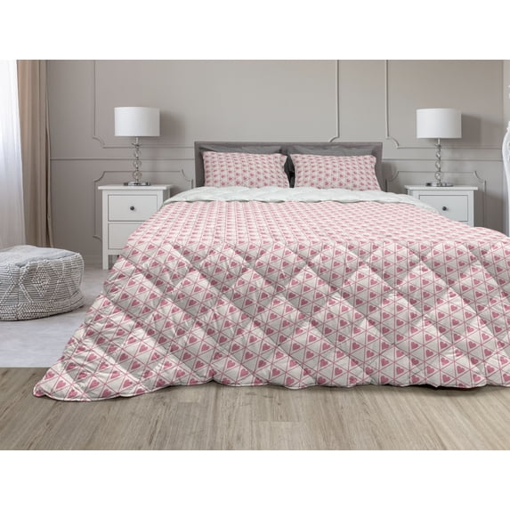 Hearts Comforter & Sham Bedding Set, Repetitive Modern and Diagonal Triangles Romance Love Illustration, 3 pcs Duvet Set Microfiber Filling Quilt, 5 Sizes, Eggshell and Pastel Pink, by Ambesonne