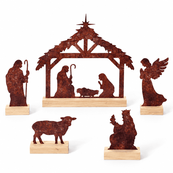 Christmas Nativity Scene Tabletop Set Christmas Decoration Indoor Set of 5 Tabletop Decor for Christmas, Metal Christmas Nativity Figurines with Wood Base for Home