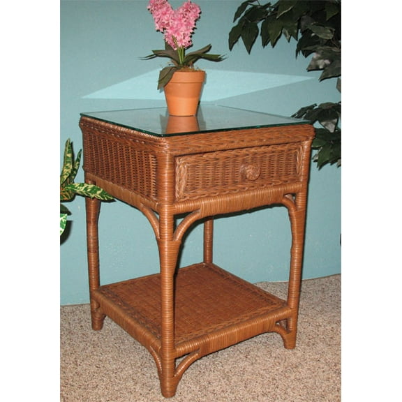 Wicker Night Table Diamond 1 Drawer with Glass Top  Tea Wash Brown