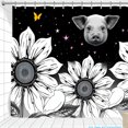 thumbnail image 1 of Stylish Black & White Sunflower Shower Curtain with Pink Stars & Whimsical Pig Design, 1 of 4