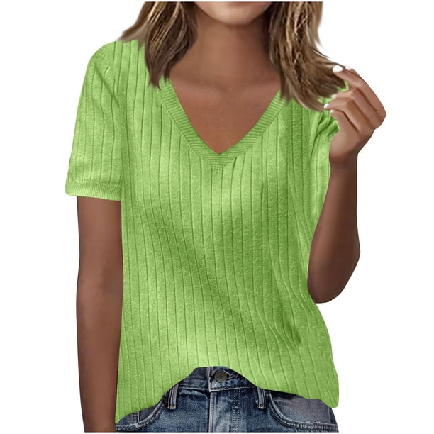 Camisas de Manga Larga Casual de las Mujeres Color Sólido Nuevo Cuello en V Tira Suelta Cepillada Camisa de Manga Corta