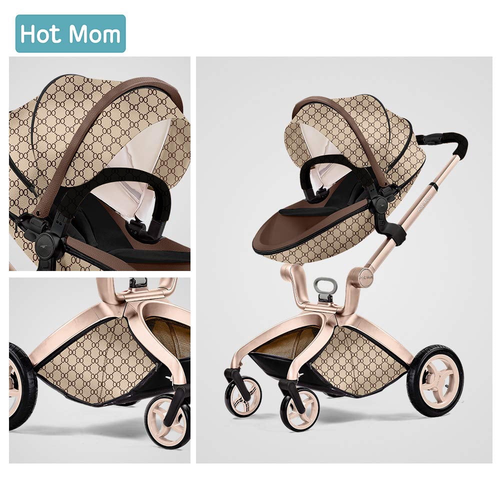 Hot Mom Baby Stroller Reversible Luxury PU Leather Pram,Grid