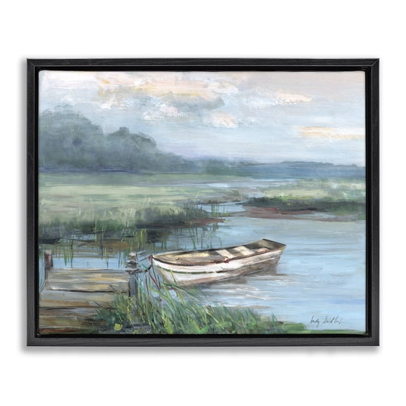 Stupell Industries Rustic Lodge Docked Rowboat at Lake's Edge Black Floating Frame Canvas Art, 21 x 17, by Sally Swatland