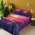 thumbnail image 3 of Ambesonne Ocean Fitted & Top Sheet Set with Shams, Sunset over Sea Cloudy, Purple Yellow Red, 3 of 7