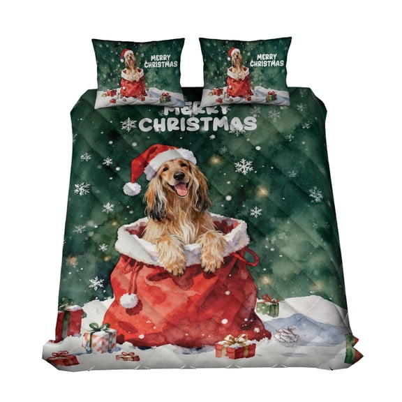 Santa Surprise Gift Afghan Hound Merry Cheerful Christmas Quilt Bedding Set Dog Lover 1 Blanket Bed Cover 2 Pillowcases - 12021