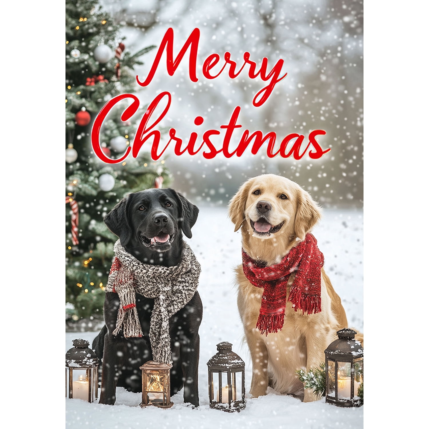America Forever Merry Christmas Dogs House Flag, 28 x 40 inches Double Sided, Black Lab and Golden Retriever House Flag, Festive Winter Decor Outdoor Seasonal Flags for Yard, Lawn