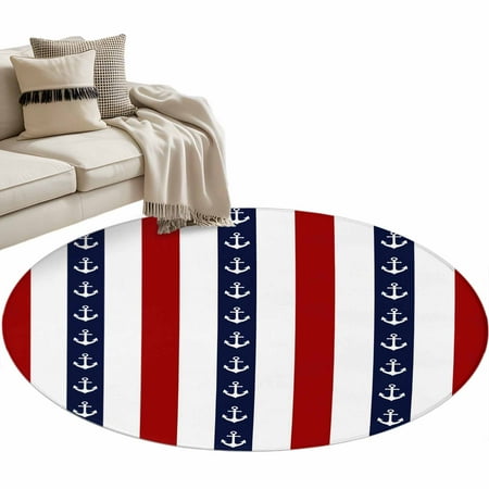 Area Rug 36in Retro Navigation Anchor Floor Carpet Living Room Rug Red White Stripe Non-Slip Welcome Mat Indoor Rugs for Bedroom Dining Room