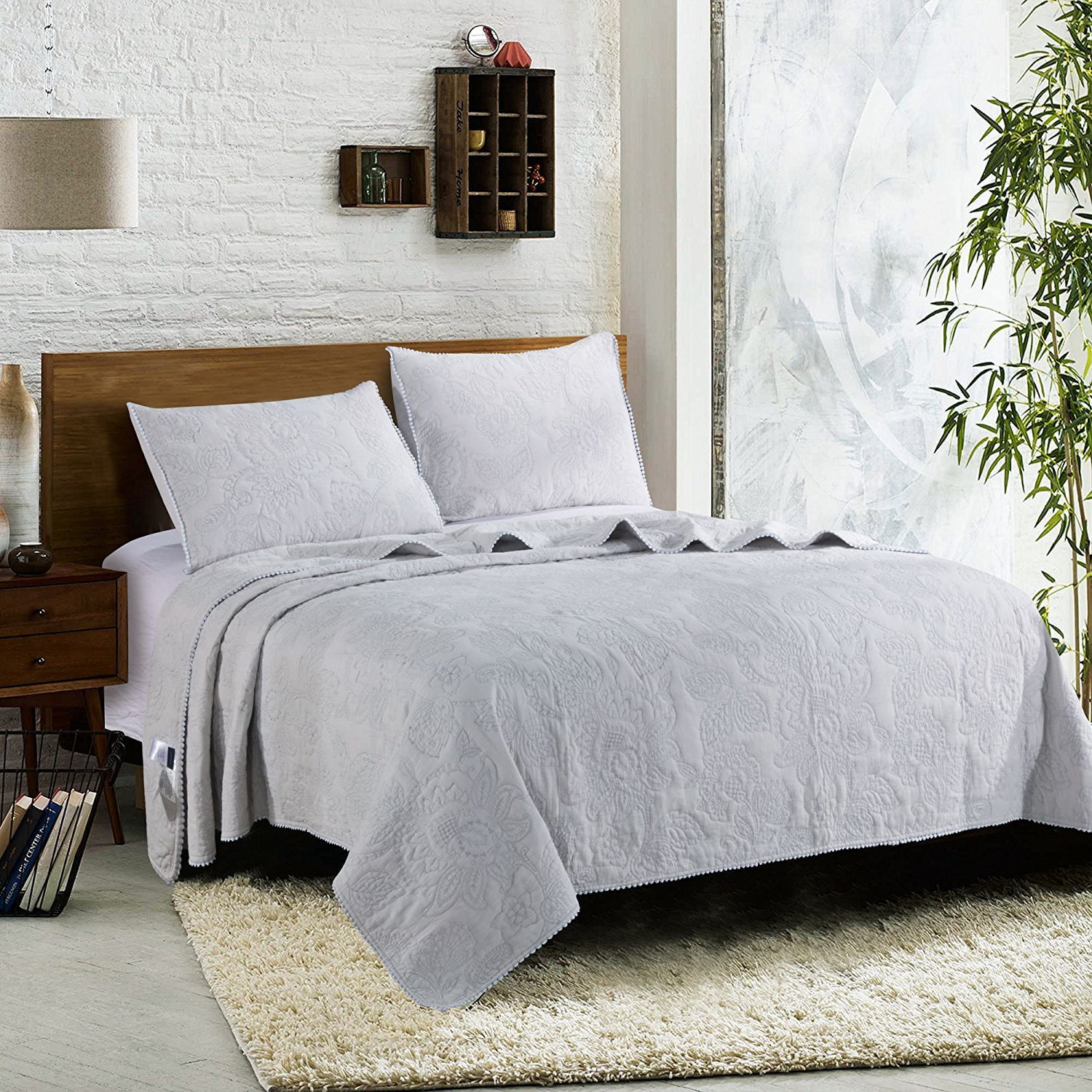 Kasentex Ultra Soft Stone-Washed Quilt Set 100%Cotton White-Gray Winter 