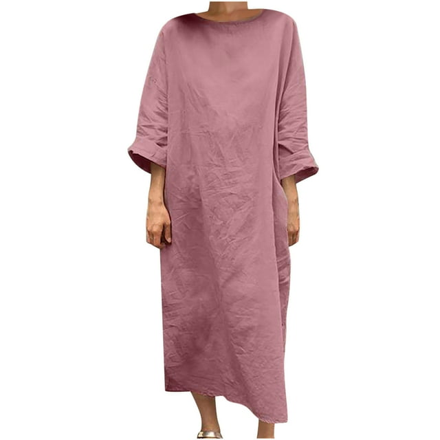 TopLLC Robe d'Été pour Femmes Robe en Coton et Lin Col Ras du Cou Manches Courtes T-Shirts Basiques Unis Robes Maxi Décontractées avec Poche Robe Grande Taille