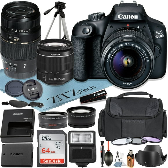 Canon EOS 4000D / Rebel T100 Camera + Canon 18-55mm + 70-300mm +64GB Memory Cards +ZeeTech Accessory Bundle