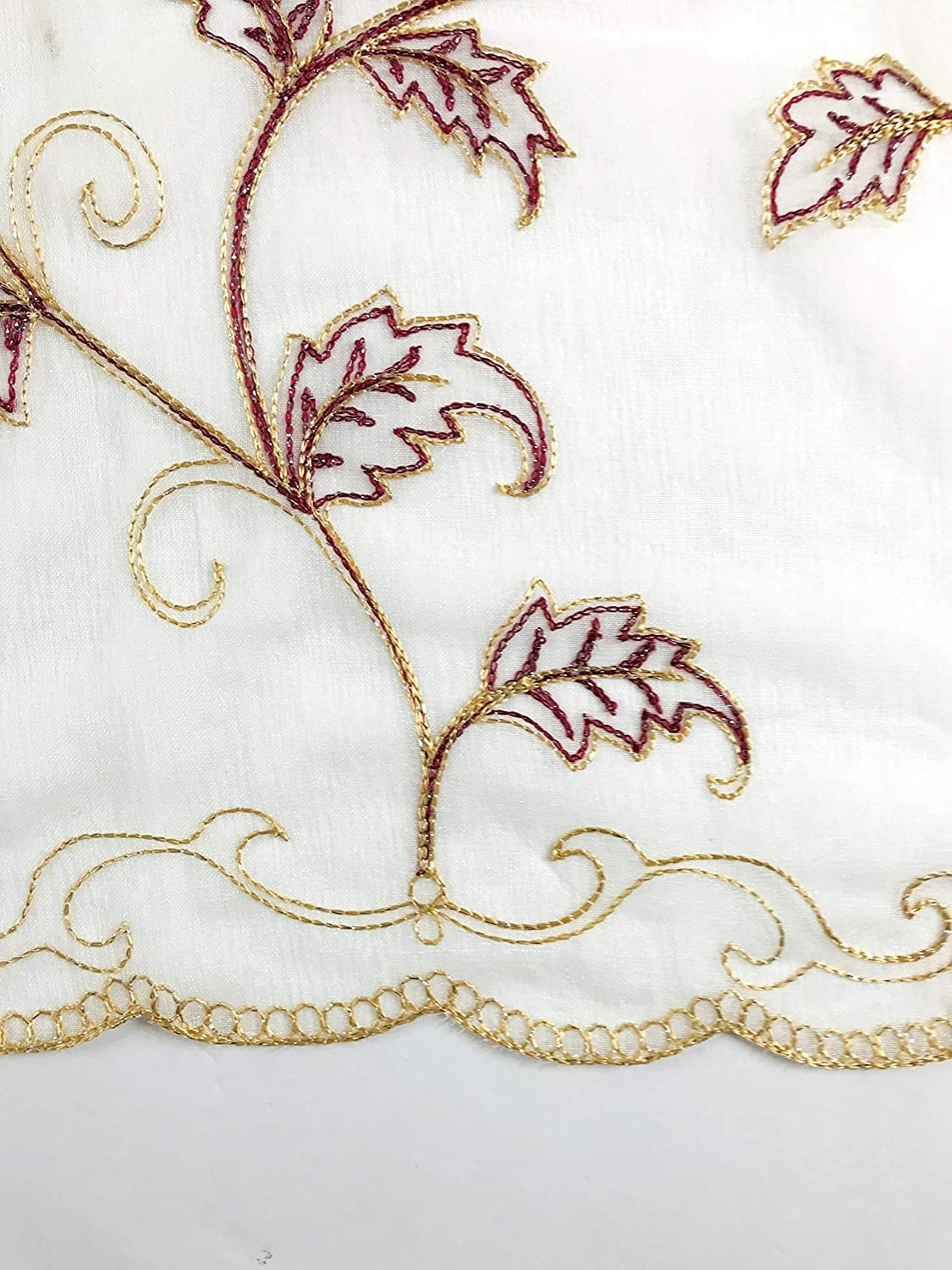Serafina Home Decorative Sheer Fabric Shower Curtain: Two Toned Burgundy Red and Gold Embroidered Leaves with Metallic Threading