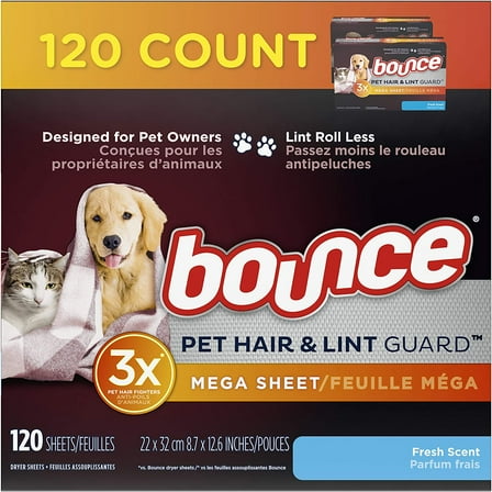Bounce Pet Hair and Lint Guard Mega Dryer Sheets for Laundry, Fabric Softener with 3X Pet Hair Fighters, Fresh Scent, 120 Count