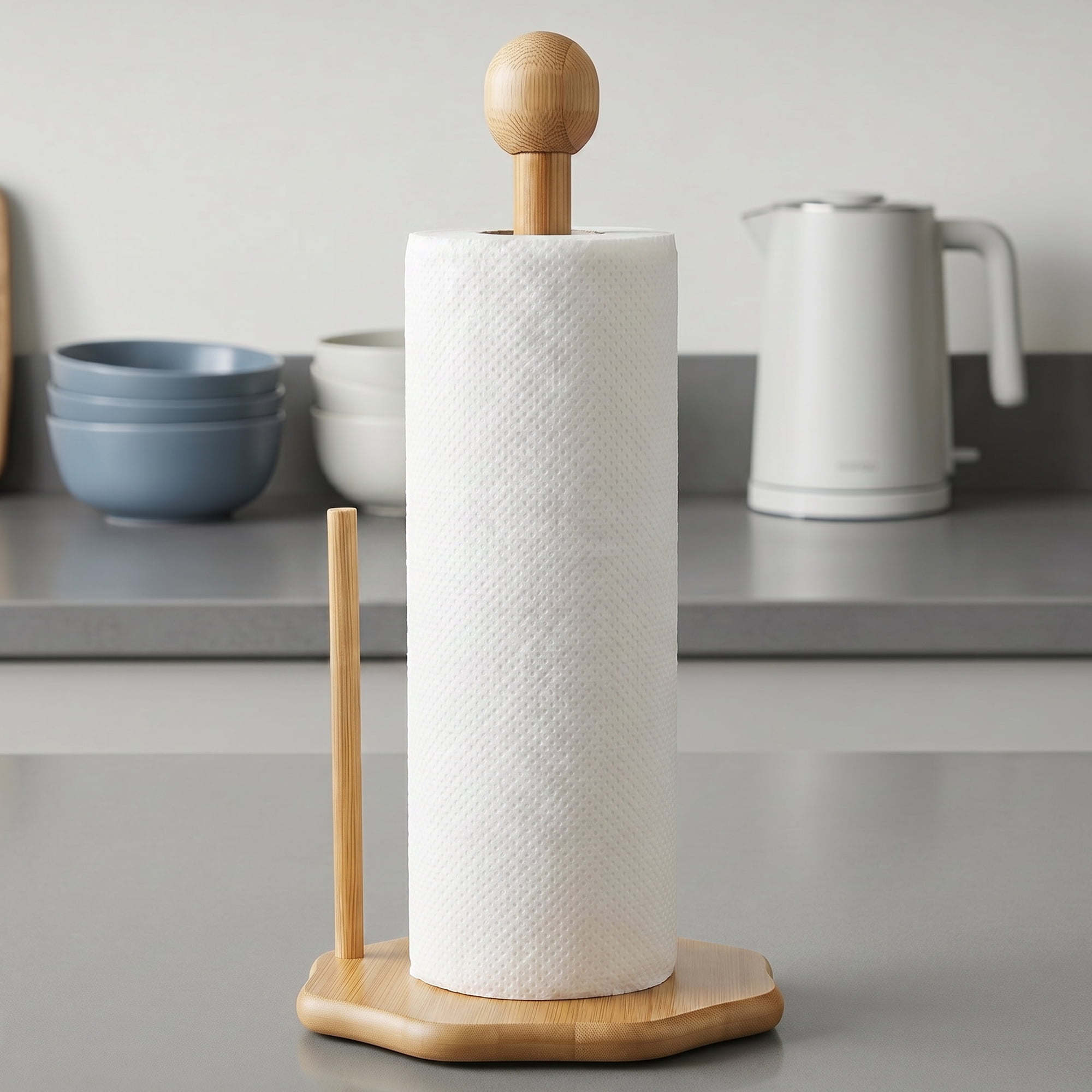 Unique Bargains Paper Towel Holder Countertop Non Slip Base Wood Natural D 11.6x6.3inch