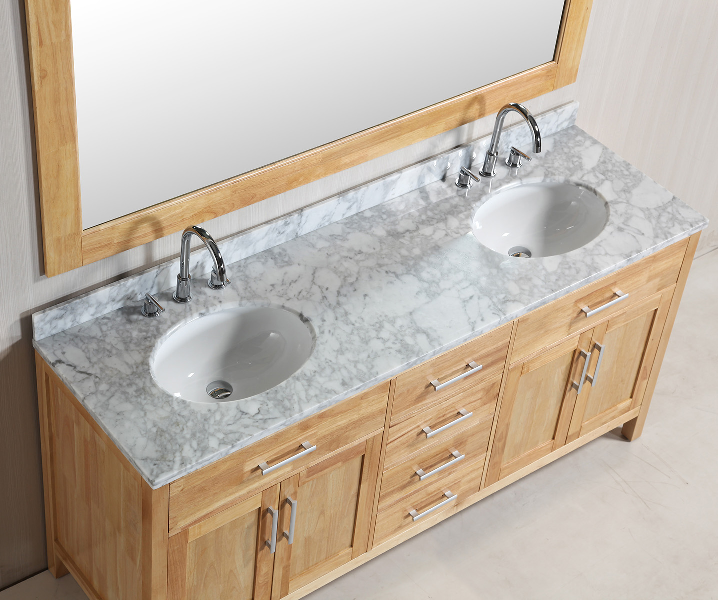 Design Element London 72" Double Sink Bathroom Vanity Set in Honey Oak Finish with Carrara Marble Top