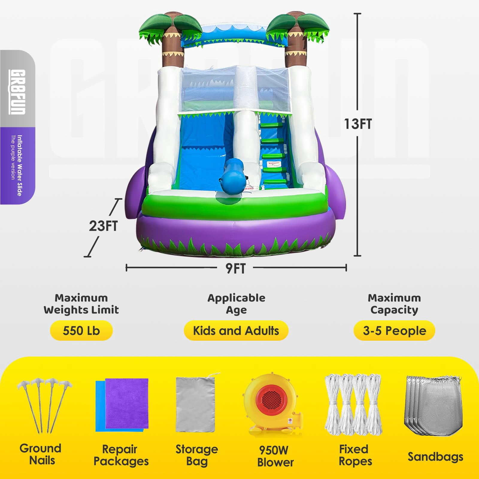 23x13x9Ft Inflatable Water Slide with Detachable Slide Climbing Ladder and Pool, Giant Wet Dry Use Commercial Grade PVC Inflatable for Birthday Party Rental Gift(with 950W Blower)