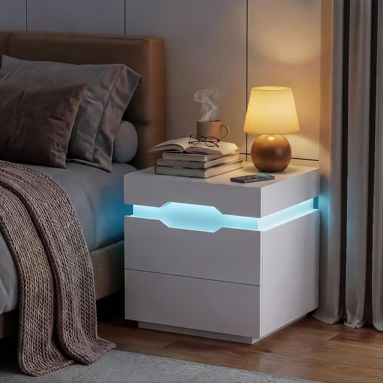 Lacoo Modern End Table with LED Lights & Charging Station, White Nightstand with 2 Drawers & Upper Storage for Living Room Bedroom, 2 Drawer