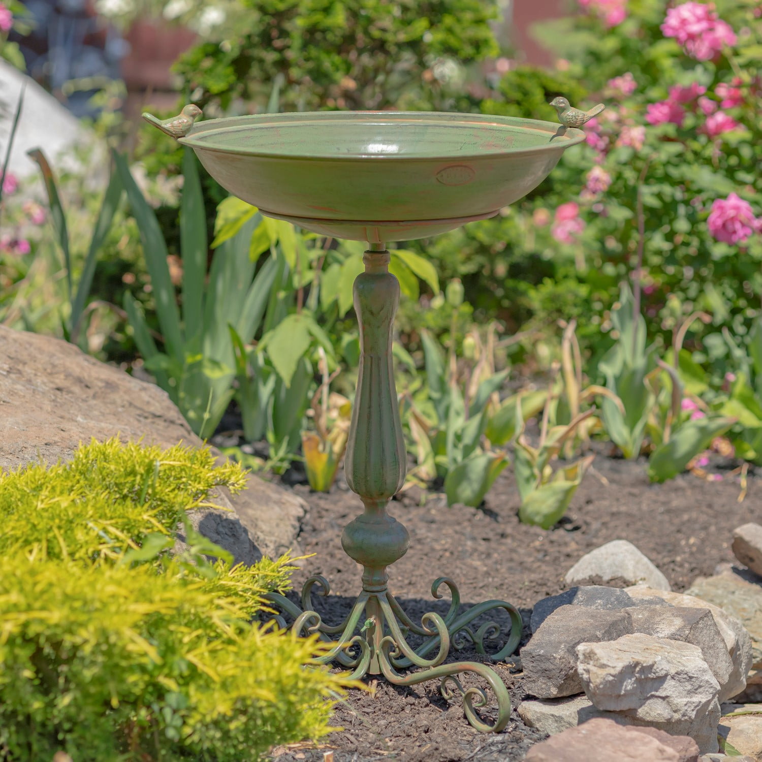 Green Ornate Metal Pedestal Birdbath with Cast Iron Birds